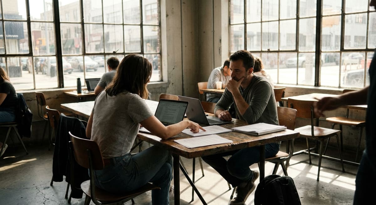 Freelance web présentant un devis de projet à un client autour d'une table