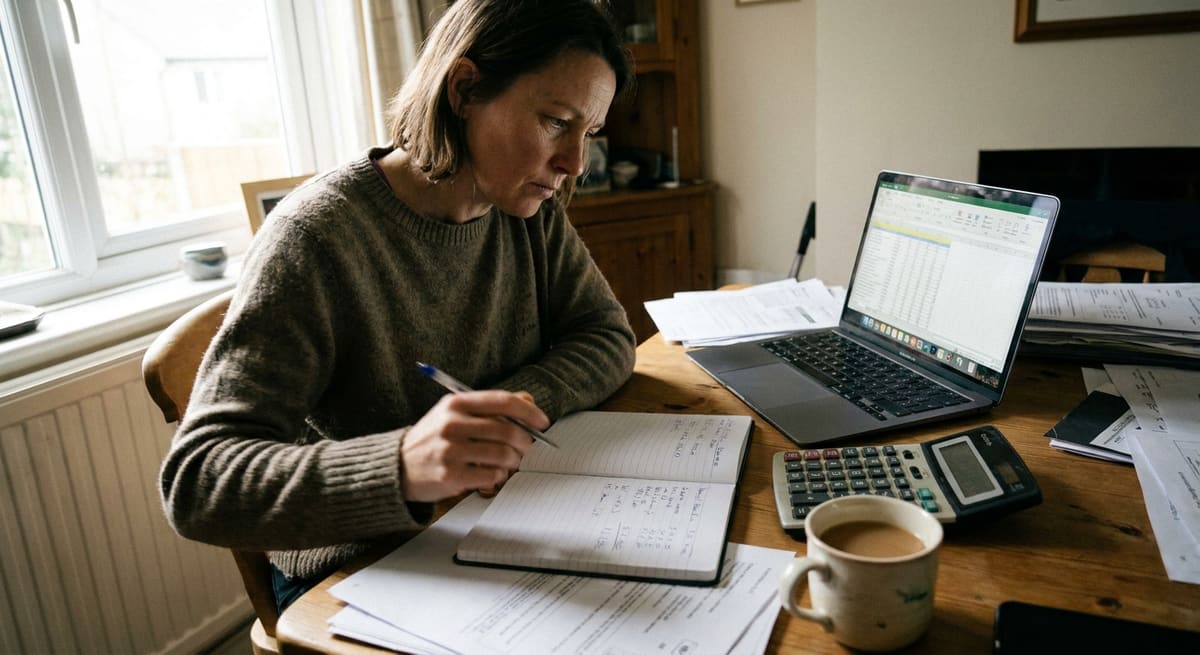 Entrepreneur comparant le prix d'une création site web sur un carnet et un ordinateur