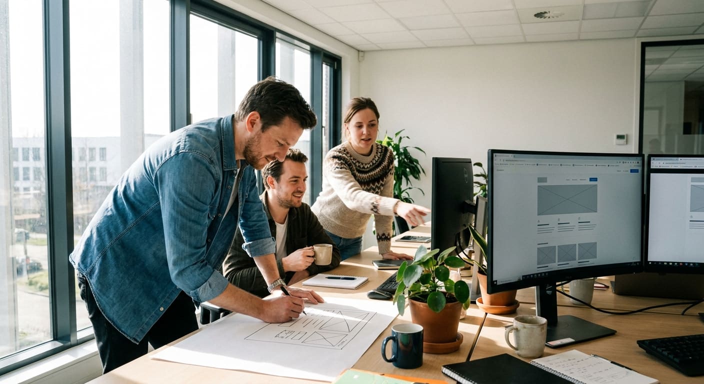 Équipe travaillant sur la création de site web devant plusieurs écrans lumineux