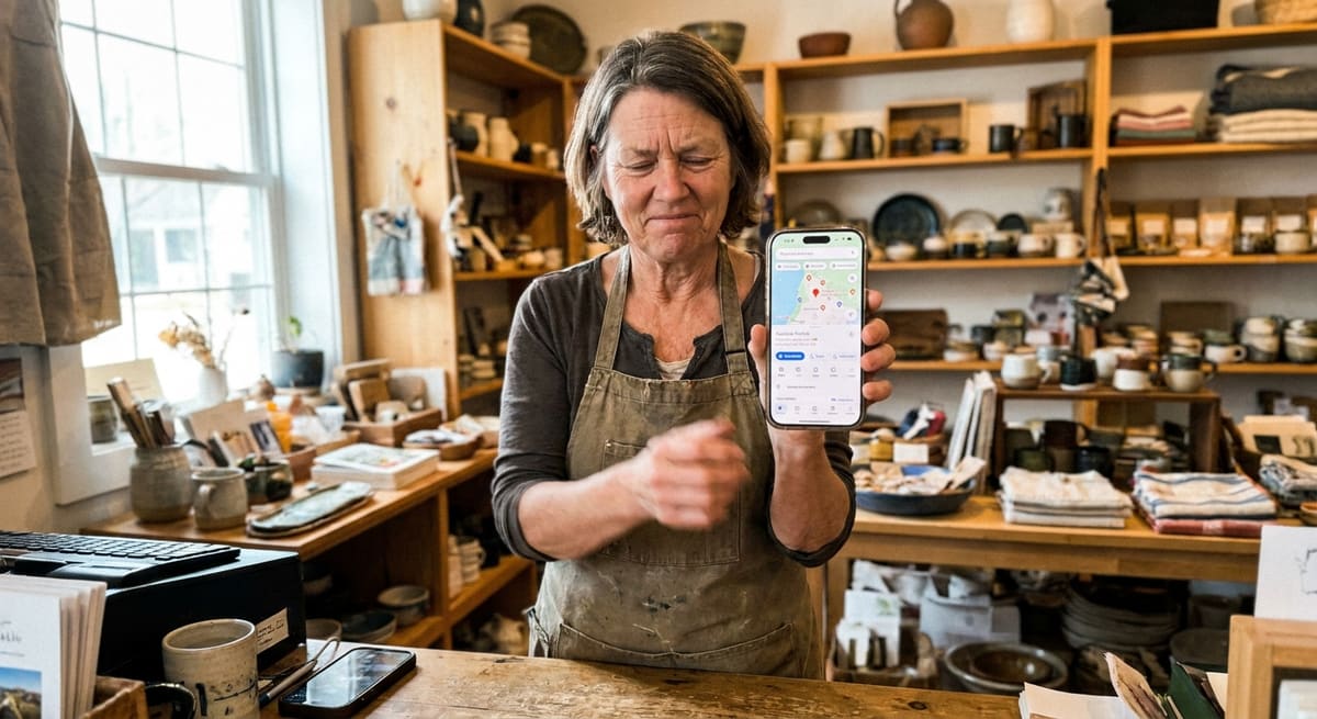 Commerçant consultant sa fiche établissement pour le référencement naturel local sur smartphone
