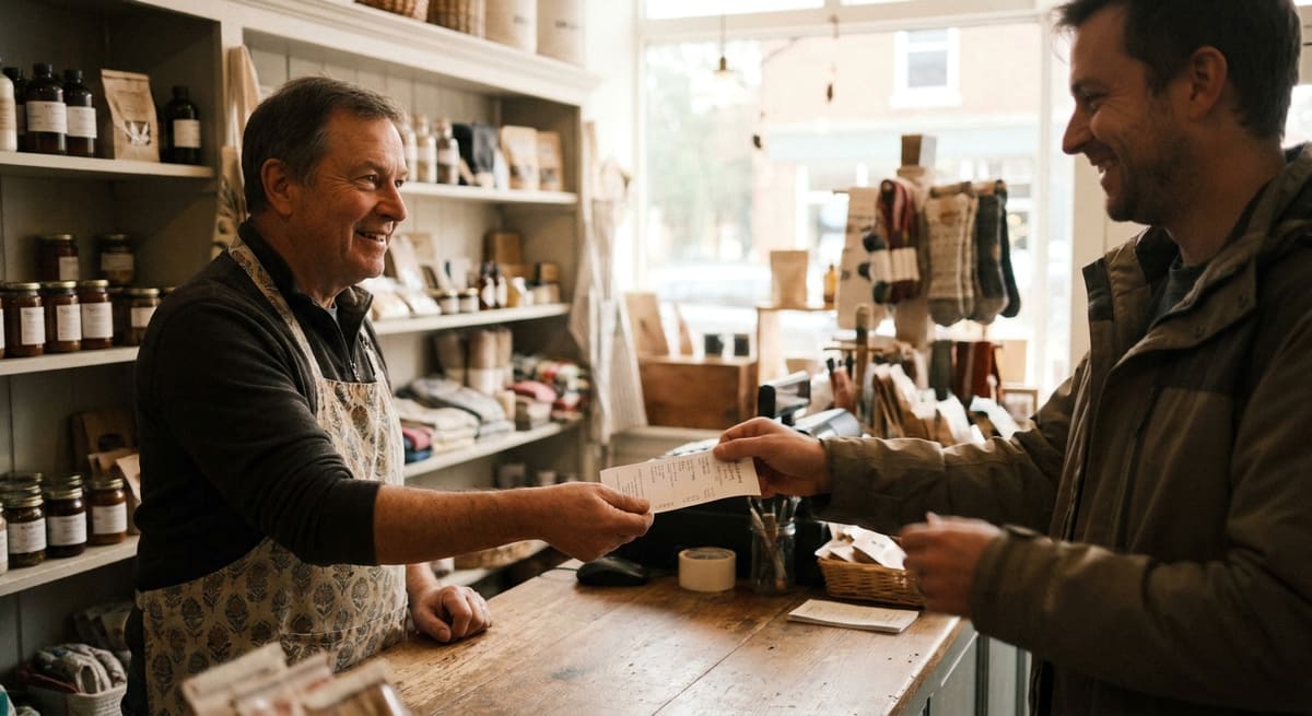 Commerçant montrant le QR code d'avis Google à un client en caisse